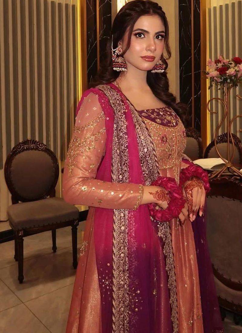 Coral colour fendy silk embroidered gown set with printed georgette dupatta