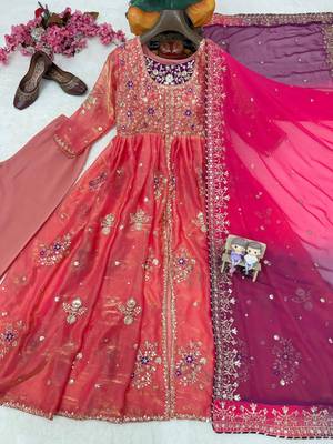 Coral colour fendy silk embroidered gown set with printed georgette dupatta 2