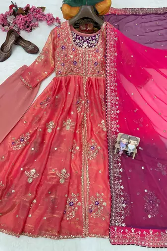 Coral colour fendy silk embroidered gown set with printed georgette dupatta