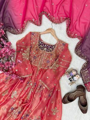 Coral colour fendy silk embroidered gown set with printed georgette dupatta 3