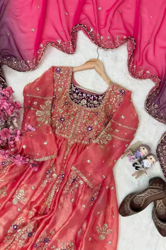 Coral colour fendy silk embroidered gown set with printed georgette dupatta
