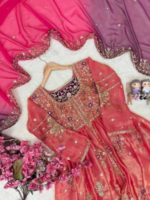 Coral colour fendy silk embroidered gown set with printed georgette dupatta 4