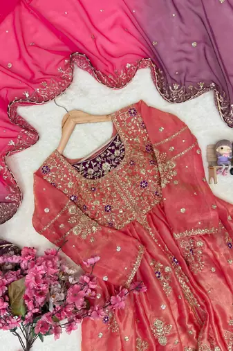 Coral colour fendy silk embroidered gown set with printed georgette dupatta