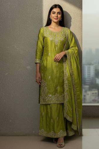 Green colour chinon silk embroidered kurti palazzo set with dupatta