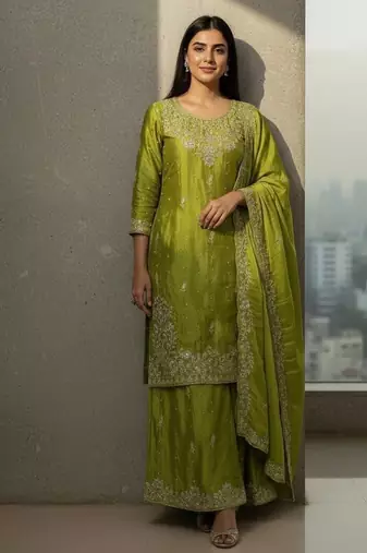Green colour chinon silk embroidered kurti palazzo set with dupatta