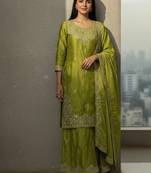 Green colour chinon silk embroidered kurti palazzo set with dupatta