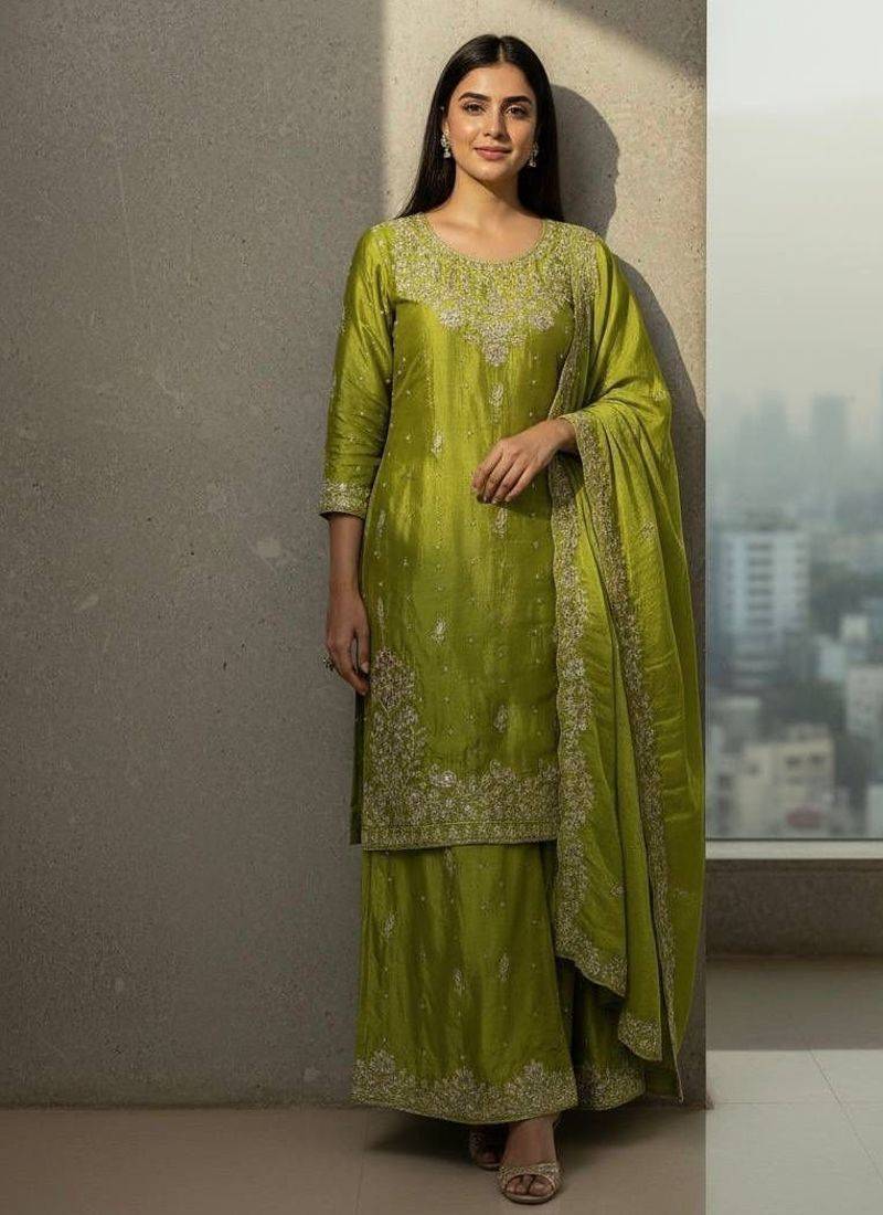 Green colour chinon silk embroidered kurti palazzo set with dupatta