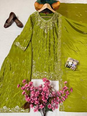 Green colour chinon silk embroidered kurti palazzo set with dupatta 2