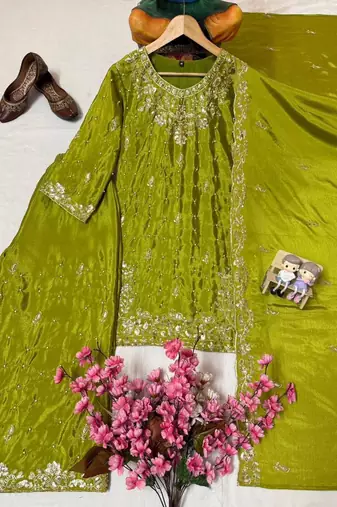 Green colour chinon silk embroidered kurti palazzo set with dupatta