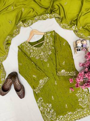 Green colour chinon silk embroidered kurti palazzo set with dupatta 3