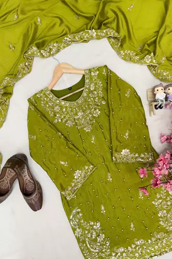 Green colour chinon silk embroidered kurti palazzo set with dupatta