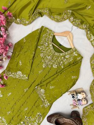 Green colour chinon silk embroidered kurti palazzo set with dupatta 4