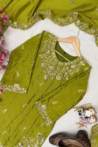 Green colour chinon silk embroidered kurti palazzo set with dupatta