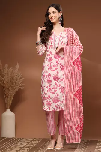 Off white floral printed cotton stitched kurta set with palazzo & dupatta for women