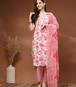 Off white floral printed cotton stitched kurta set with palazzo & dupatta for women