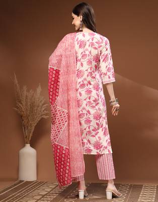 Off white floral printed cotton stitched kurta set with palazzo & dupatta for women 2