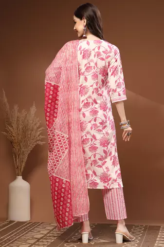 Off white floral printed cotton stitched kurta set with palazzo & dupatta for women