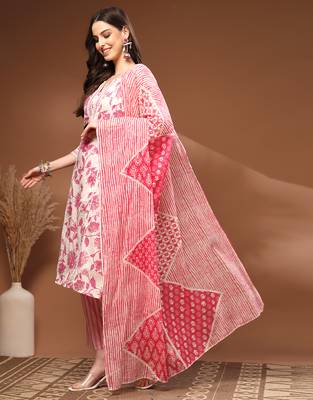 Off white floral printed cotton stitched kurta set with palazzo & dupatta for women 3