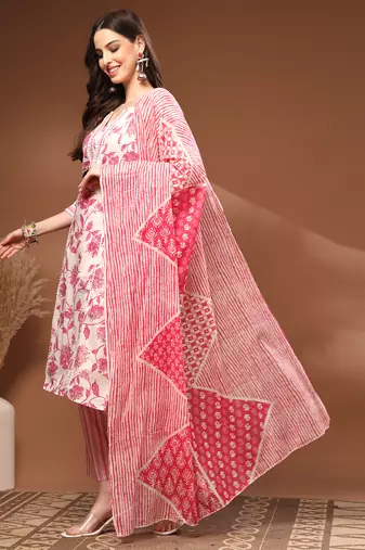 Off white floral printed cotton stitched kurta set with palazzo & dupatta for women