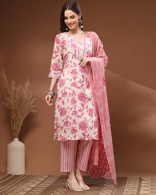 Off white floral printed cotton stitched kurta set with palazzo & dupatta for women 4