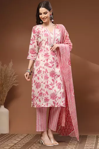 Off white floral printed cotton stitched kurta set with palazzo & dupatta for women