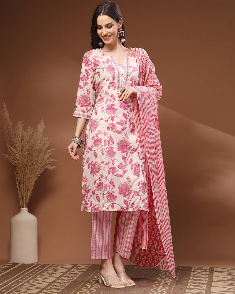 Off white floral printed cotton stitched kurta set with palazzo & dupatta for women