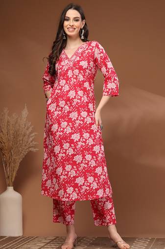 Red floral printed cotton stitched kurta set with palazzo for women