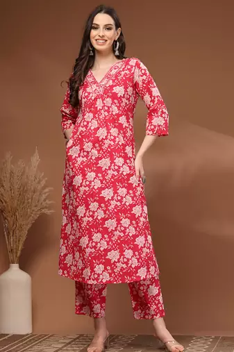 Red floral printed cotton stitched kurta set with palazzo for women