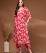 Red floral printed cotton stitched kurta set with palazzo for women