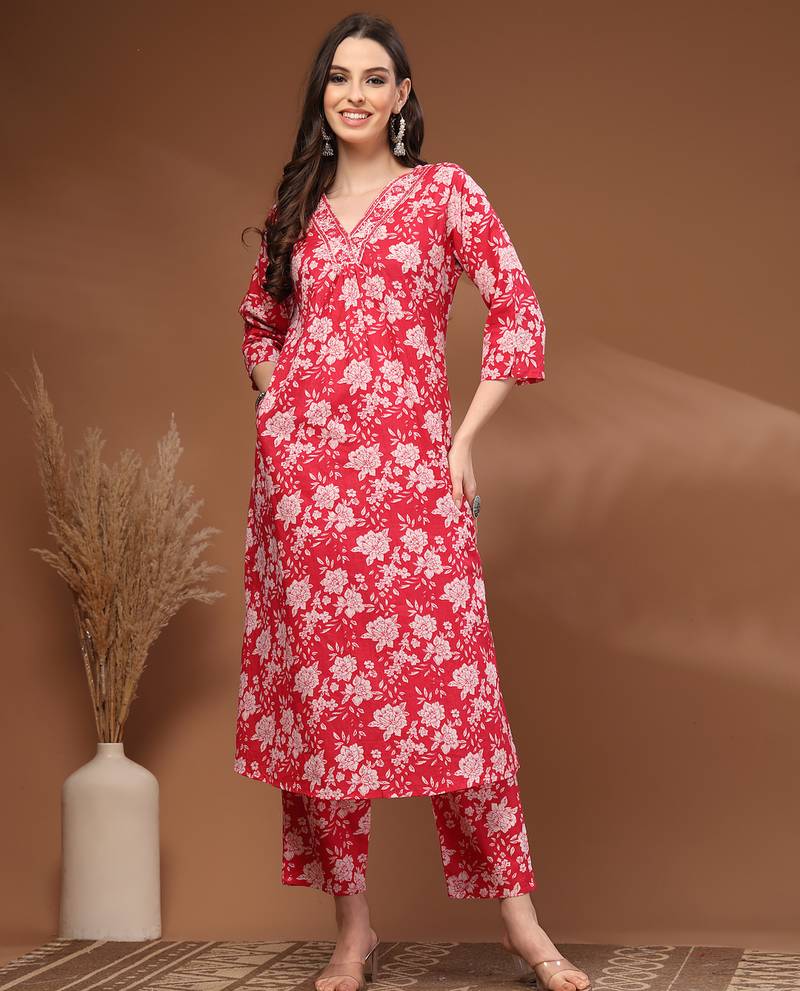 Red floral printed cotton stitched kurta set with palazzo for women
