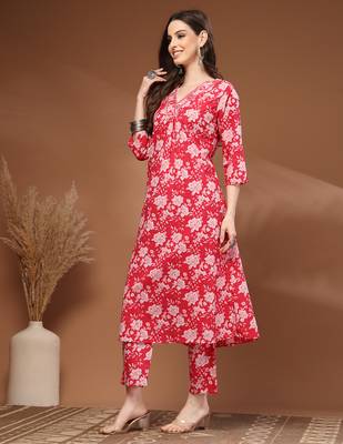 Red floral printed cotton stitched kurta set with palazzo for women 2