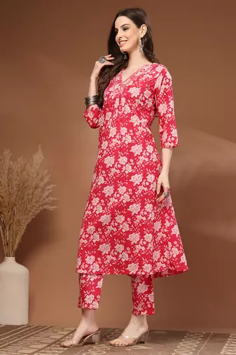 Red floral printed cotton stitched kurta set with palazzo for women