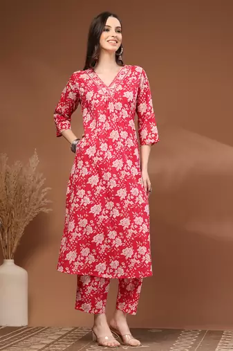 Red floral printed cotton stitched kurta set with palazzo for women