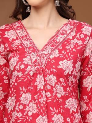 Red floral printed cotton stitched kurta set with palazzo for women 4