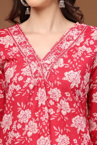 Red floral printed cotton stitched kurta set with palazzo for women