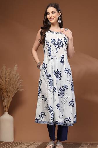 White floral printed cotton stitched kurta set with palazzo for women