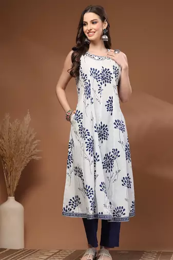 White floral printed cotton stitched kurta set with palazzo for women