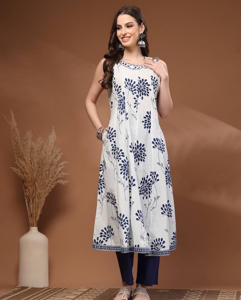 White floral printed cotton stitched kurta set with palazzo for women