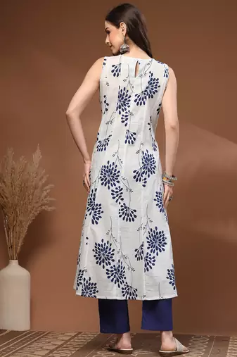 White floral printed cotton stitched kurta set with palazzo for women