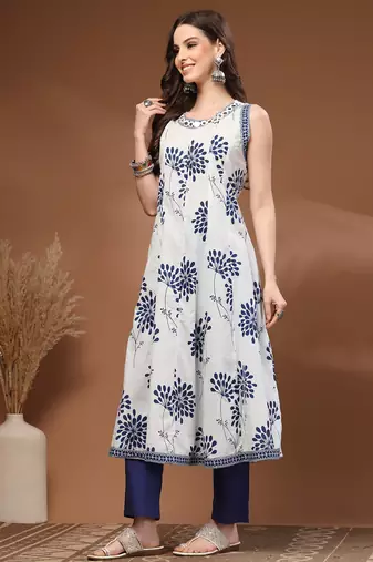 White floral printed cotton stitched kurta set with palazzo for women