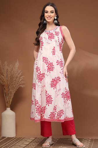 Pink floral printed cotton stitched kurta set with palazzo for women