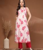 Pink floral printed cotton stitched kurta set with palazzo for women