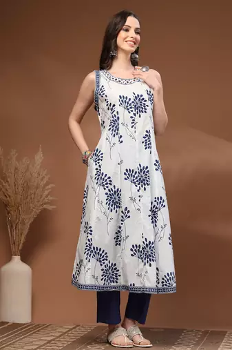 White floral printed cotton stitched kurta set with palazzo for women