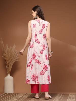 Pink floral printed cotton stitched kurta set with palazzo for women 2