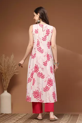 Pink floral printed cotton stitched kurta set with palazzo for women