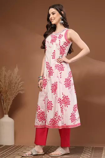 Pink floral printed cotton stitched kurta set with palazzo for women