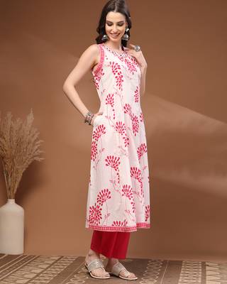 Pink floral printed cotton stitched kurta set with palazzo for women 4