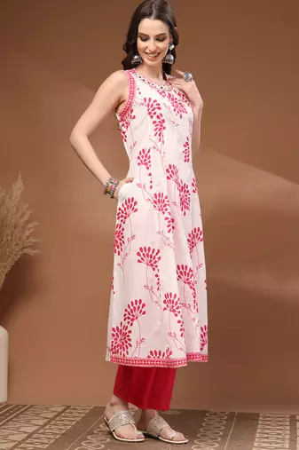 Pink floral printed cotton stitched kurta set with palazzo for women
