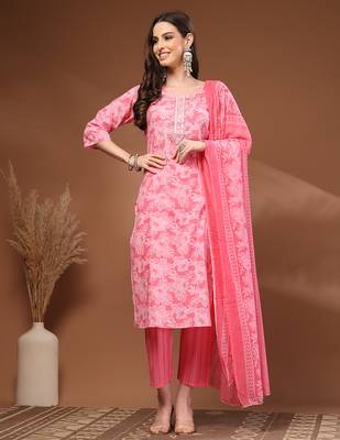 Pink floral printed cotton stitched kurta set with palazzo & dupatta for women 1