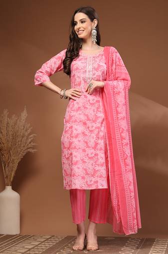 Pink floral printed cotton stitched kurta set with palazzo & dupatta for women